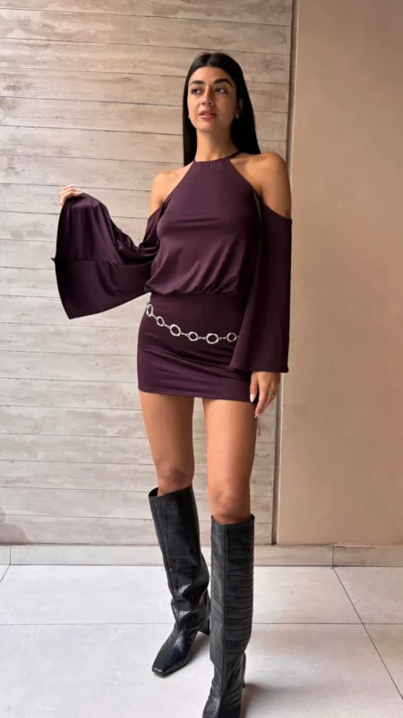 26/V30 - VESTIDO HALTER HOMBRO DESCUBIERTO MANGA OXFORD - MICROFIBRA