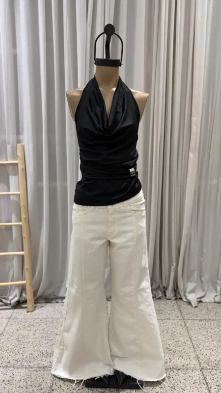 26/P1005 - JEAN WIDE LEG FLARE RECORTES - DENIM BLANCO